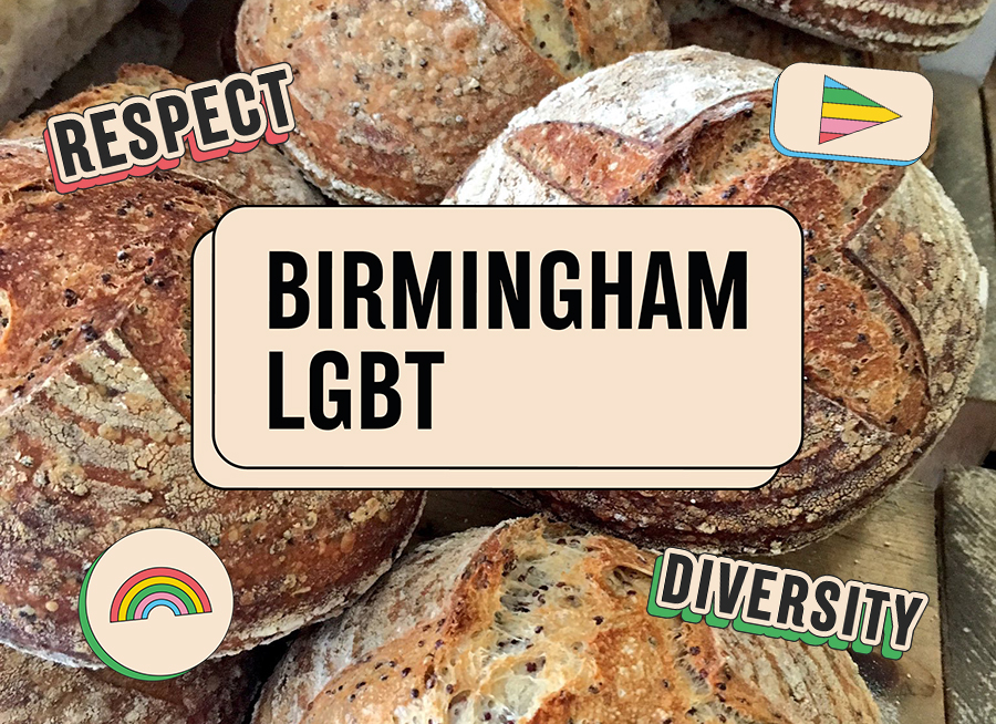 Birmingham LGBT logo over a photo of some bread