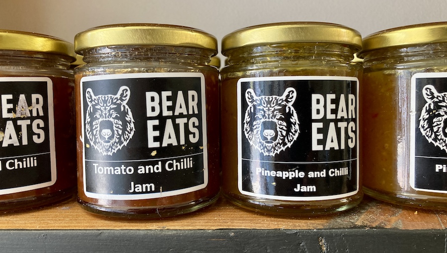 Jars of Bear Eats chilli jam on the shelf