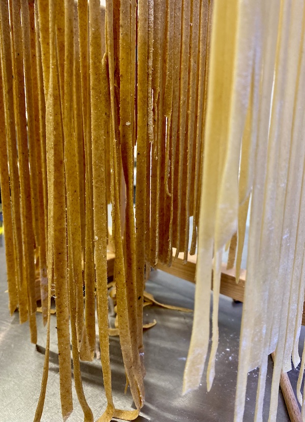 Two different blends of pasta drying on a rack. One is made with white flour, the other a wholemeal mix.
