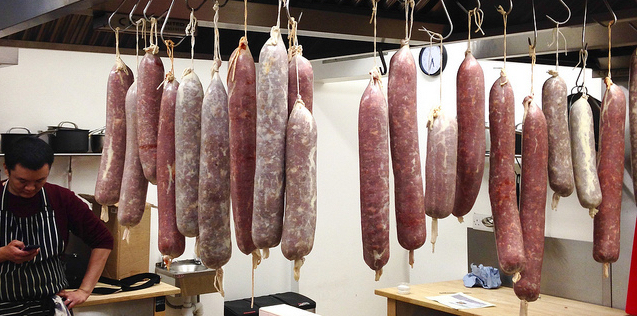 Salami hanging in the Loaf cookery school