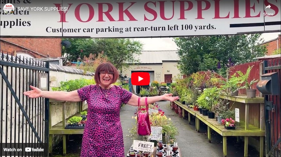 Video frame of Barbara Nice outside York Supplies. Click to view.